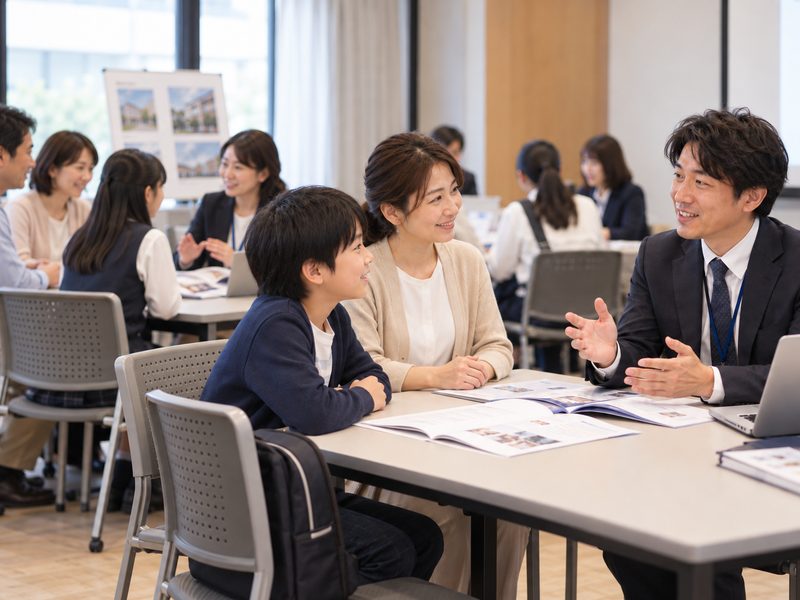 学校の担当者からパンフレットで説明を受ける小学生と保護者