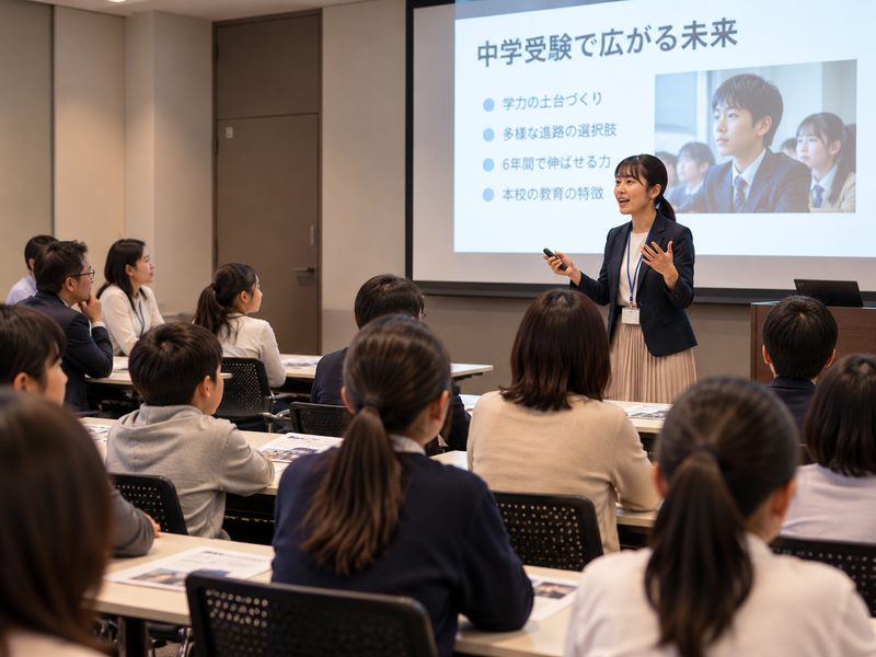 スクリーンを使って中学受験について説明する中学校の先生と、聞いている小学生と保護者