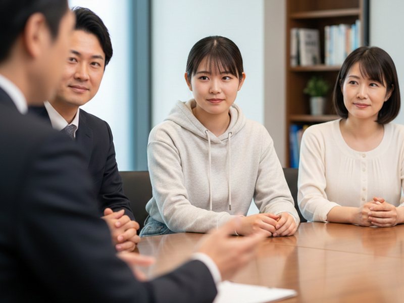 面談スペースで相談する保護者と生徒、担当者