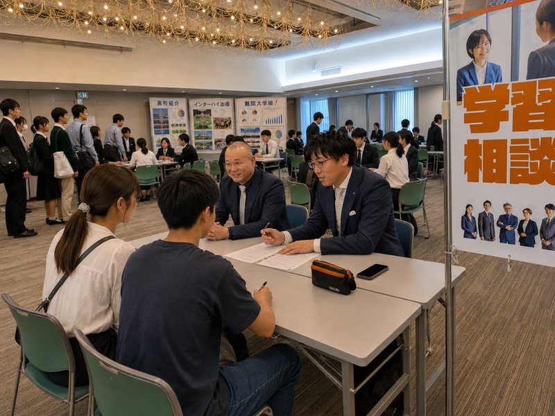 学習相談コーナーで塾の先生に相談する来場者
