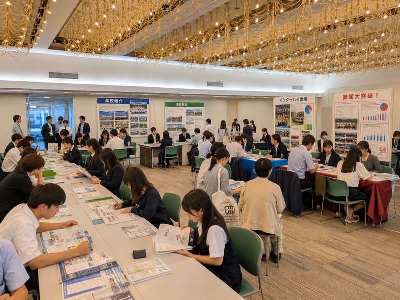 多くの高校のブースが並ぶ会場のようす