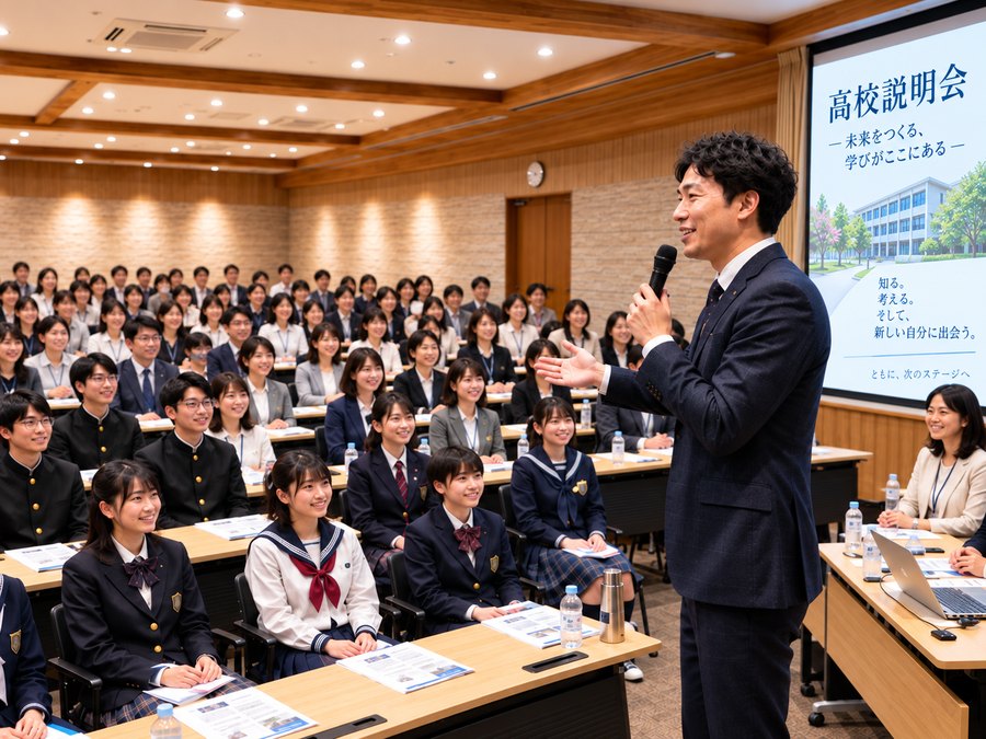 生徒と保護者を前に学校を紹介する高校の先生